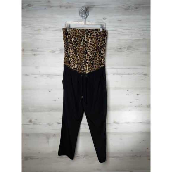 Express Jumpsuit Womens Medium Black Leopard Strapless Drawstring Waist Pockets - Picture 1 of 10